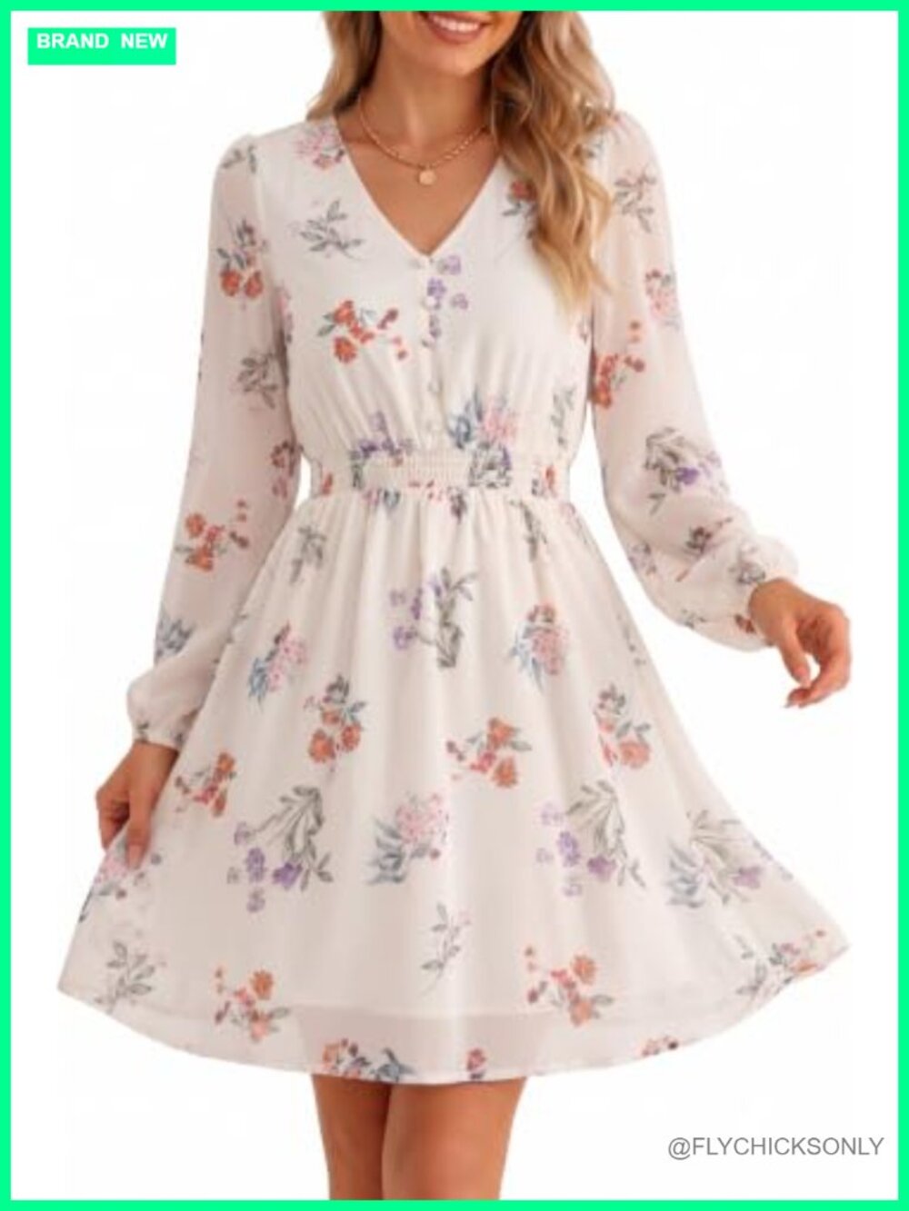 Womens Floral Mini Dress V Neck Long Sleeve Chiffon A Line